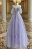 A-Line Tulle Purple Long Formal Prom Dresses, Purple Long Graduation Dresses