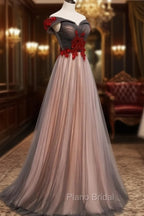 A-line Tulle Ruched Embellished Formal Prom Dresses, Long Party Dresses