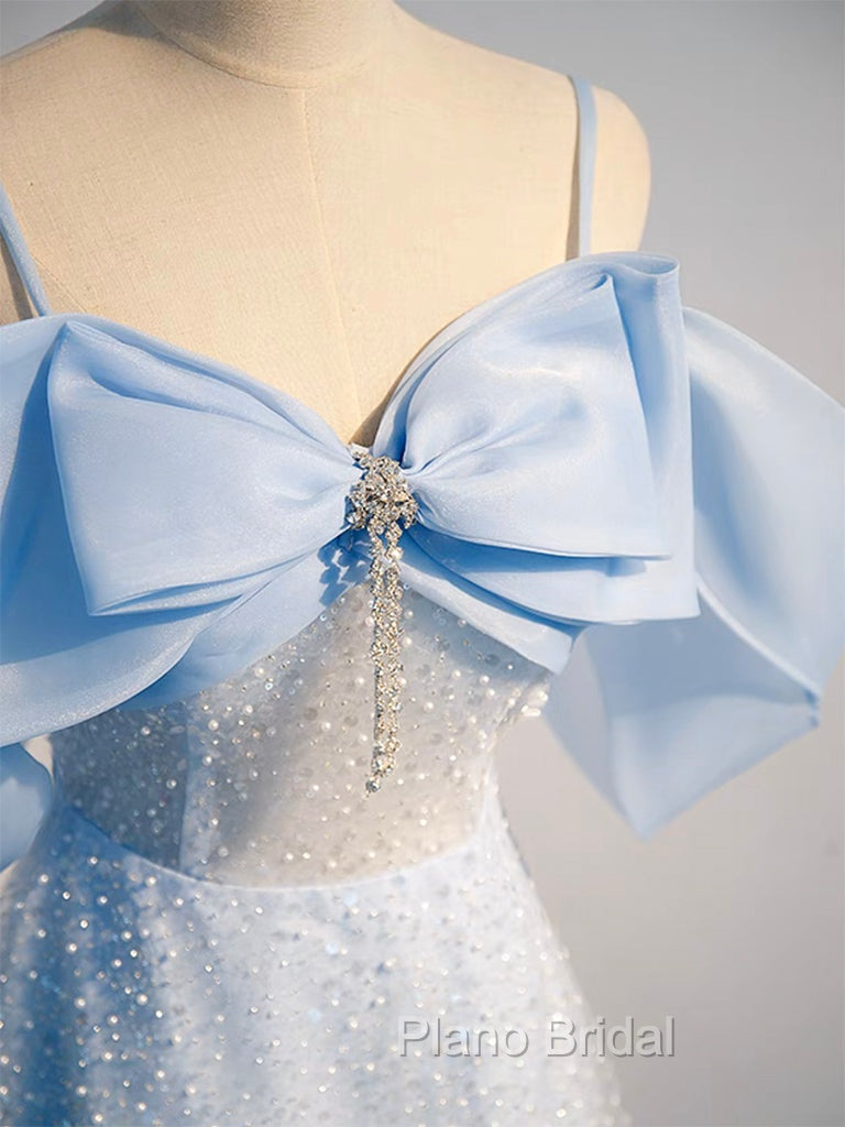 A-Line Tulle Sequin Blue Long Formal Prom Dresses, Blue Long Formal Dresses