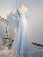 A-Line Tulle Sequin Blue Long Formal Prom Dresses, Blue Long Formal Dresses