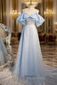 A-Line Tulle Sequin Blue Long Formal Prom Dresses, Blue Long Formal Dresses