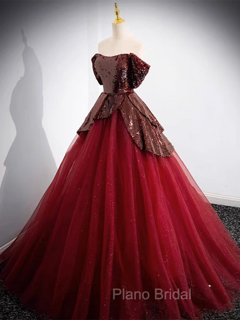 A-Line Tulle Sequin Burgundy Long Formal Prom Dresses, Off Shoulder Burgundy Formal Dresses