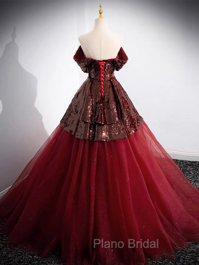 A-Line Tulle Sequin Burgundy Long Formal Prom Dresses, Off Shoulder Burgundy Formal Dresses