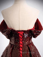 A-Line Tulle Sequin Burgundy Long Formal Prom Dresses, Off Shoulder Burgundy Formal Dresses