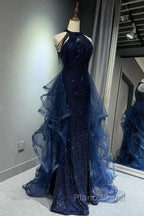 A-Line Tulle Sequin Dark Blue Long Formal Prom Dresses, Dark Blue Long Formal Dresses