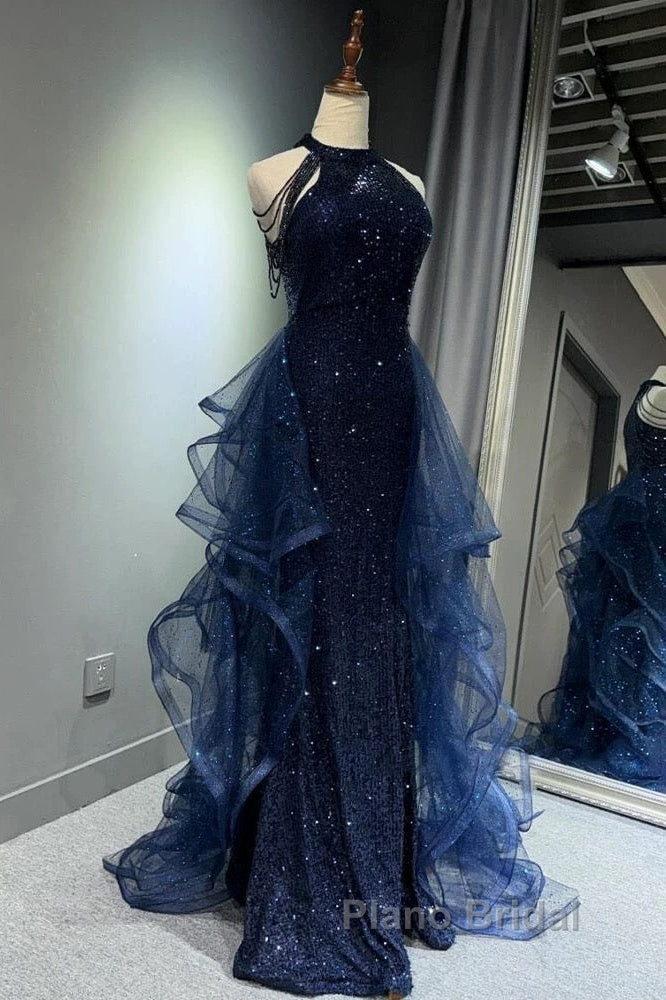 A-Line Tulle Sequin Dark Blue Long Formal Prom Dresses, Dark Blue Long Formal Dresses