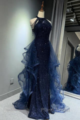 A-Line Tulle Sequin Dark Blue Long Formal Prom Dresses, Dark Blue Long Formal Dresses