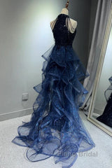 A-Line Tulle Sequin Dark Blue Long Formal Prom Dresses, Dark Blue Long Formal Dresses