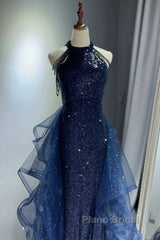 A-Line Tulle Sequin Dark Blue Long Formal Prom Dresses, Dark Blue Long Formal Dresses