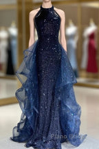 A-Line Tulle Sequin Dark Blue Long Formal Prom Dresses, Dark Blue Long Formal Dresses