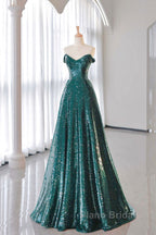 A-Line Tulle Sequin Green Long Formal Prom Dresses, Green Formal Evening  Dresses