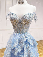 A-Line Tulle Sequin Lace Blue Long Formal Prom Dresses, Blue Long Formal Dresses