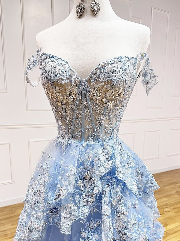 A-Line Tulle Sequin Lace Blue Long Formal Prom Dresses, Blue Long Formal Dresses