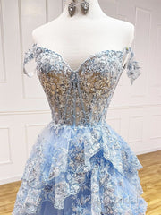 A-Line Tulle Sequin Lace Blue Long Formal Prom Dresses, Blue Long Formal Dresses