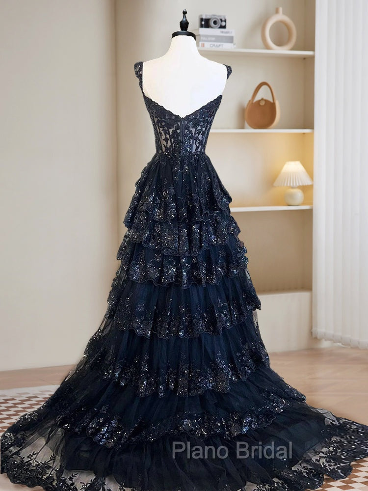 A-Line Tulle Sequin Navy Blue Long Formal Prom Dresses, Navy Blue Sequin Long Formal Dresses Secondary image