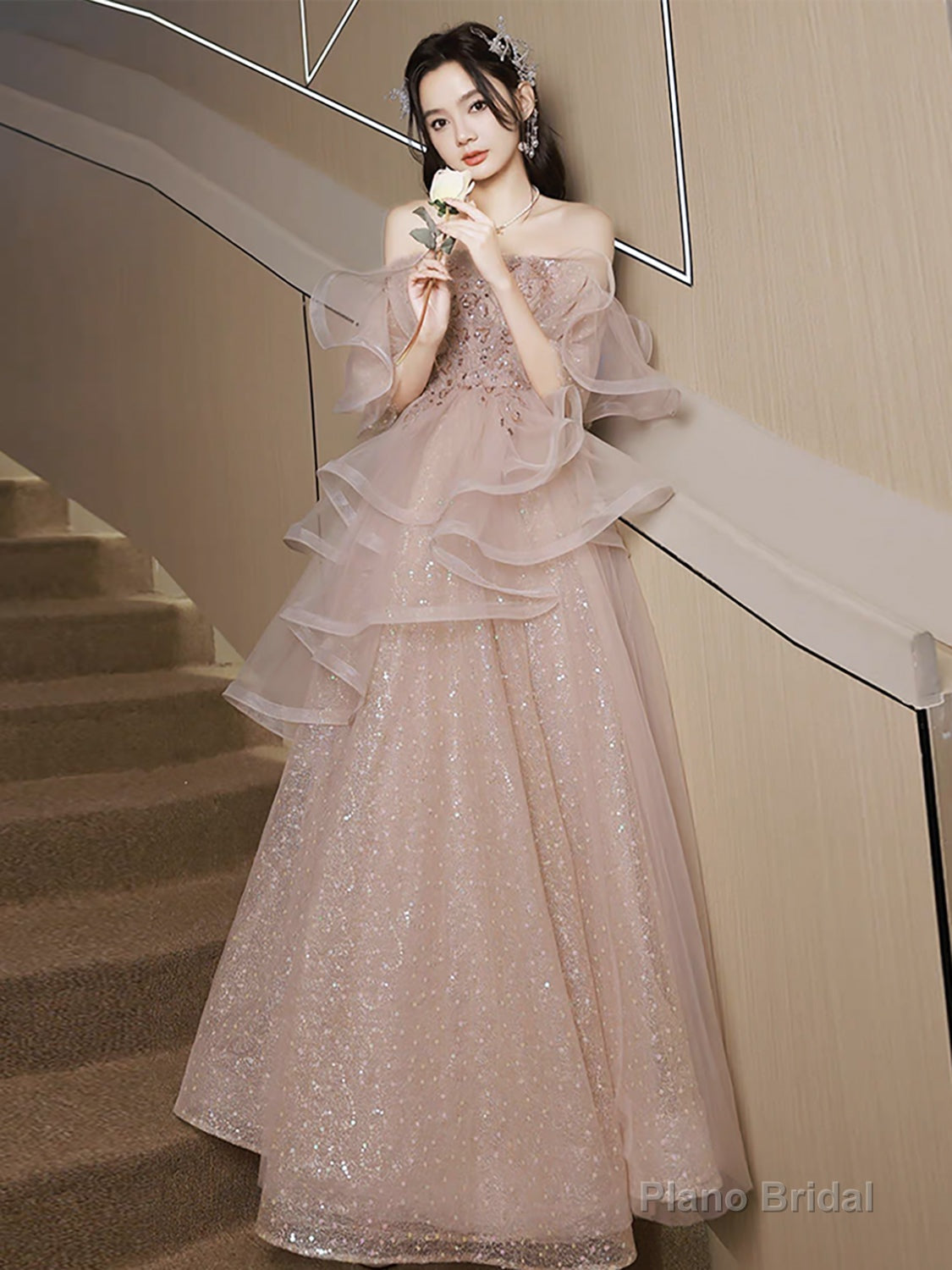 A-Line Tulle Sequin Pink Long Prom Dress, Shiny Sequin Pink Long Evening Dress Main image