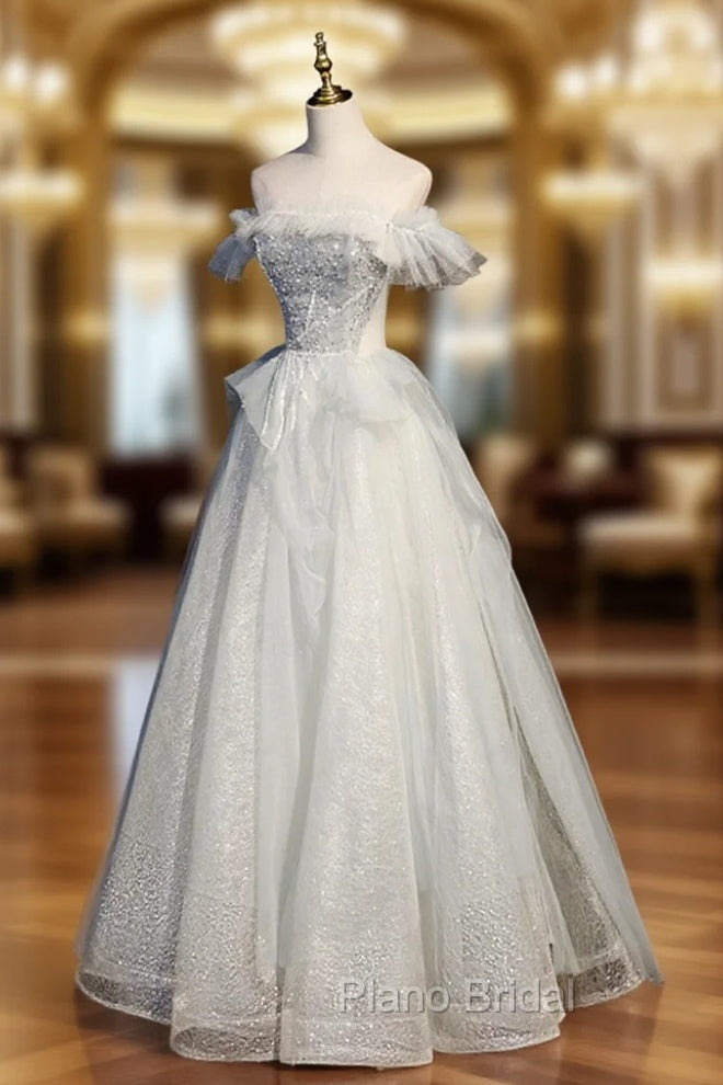 A-Line Tulle Sequins Long Formal Prom Dresses, Off the Shoulder Evening Dresses Main image