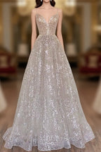 A-Line Tulle Sequins Long Formal Prom Dresses, Spaghetti Strap Backless Evening Dresses