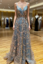 A-Line Tulle Sequins Long Formal Prom Dresses, V-Neck Backless Evening Dresses