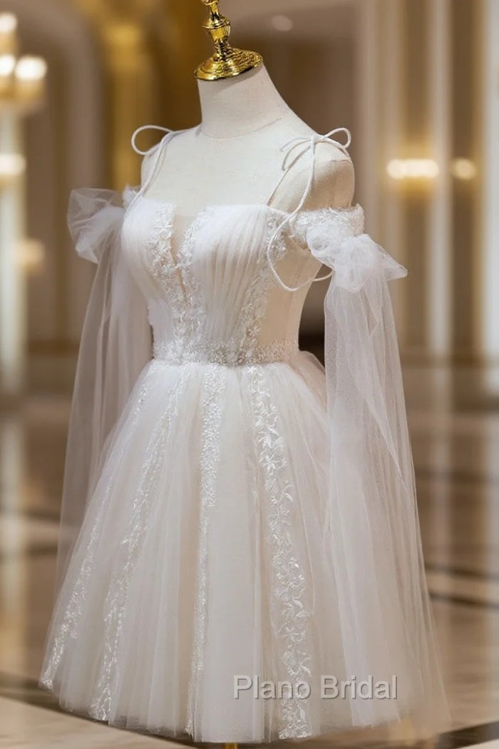 A Line Tulle Short Champagne Formal Prom Dresses, Off Shoulder Lace Puffy Homecoming Dresses Main image