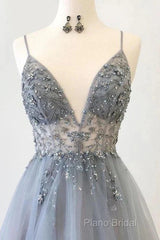 A Line Tulle Spaghetti Straps V Neck Appliques Long Formal Prom Dresses Beautiful