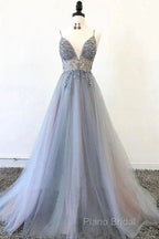 A Line Tulle Spaghetti Straps V Neck Appliques Long Formal Prom Dresses Beautiful