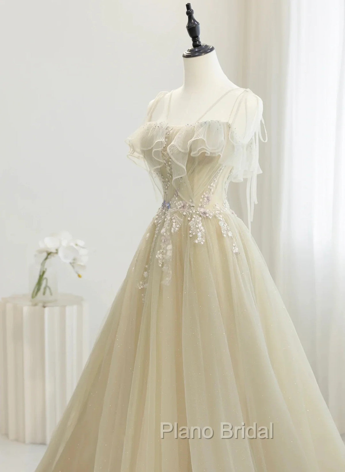 A-Line Tulle Straps Beaed Lace Long Formal Dresses, Tulle Evening Dresses Formal Prom Dresses Secondary image