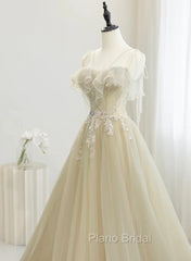 A-Line Tulle Straps Beaed Lace Long Formal Dresses, Tulle Evening Dresses Formal Prom Dresses