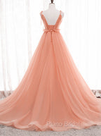 A-line Tulle Straps Low Back Long Wedding Party Dresses, Pink Tulle Long Formal Prom Dresses