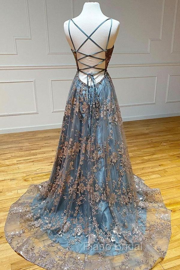 A-line Tulle Straps Sequins Lace Formal Prom Dresses Split Evening Dresses Secondary image