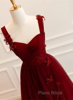 A-Line Tulle Sweetheart Straps Long Formal Dresses, Wine Red Formal Dresses Formal Prom Dresses