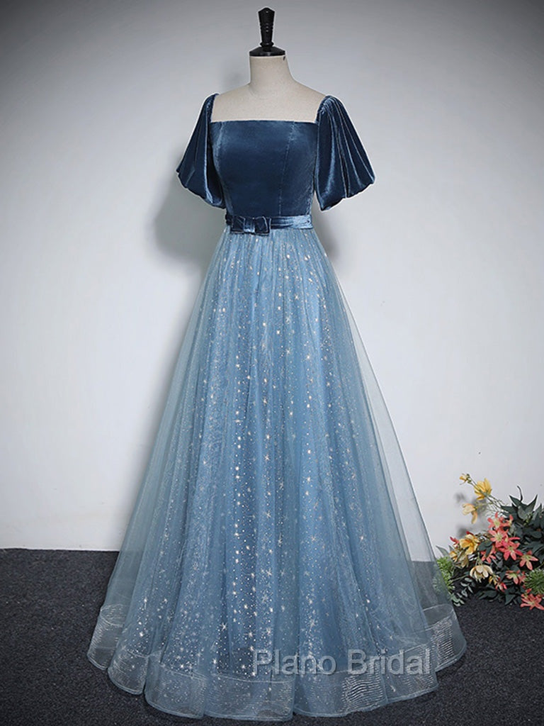 A-Line Tulle Velvet Blue Long Formal Prom Dresses, Blue Tulle Formal Dresses Secondary image