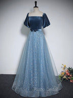 A-Line Tulle Velvet Blue Long Formal Prom Dresses, Blue Tulle Formal Dresses