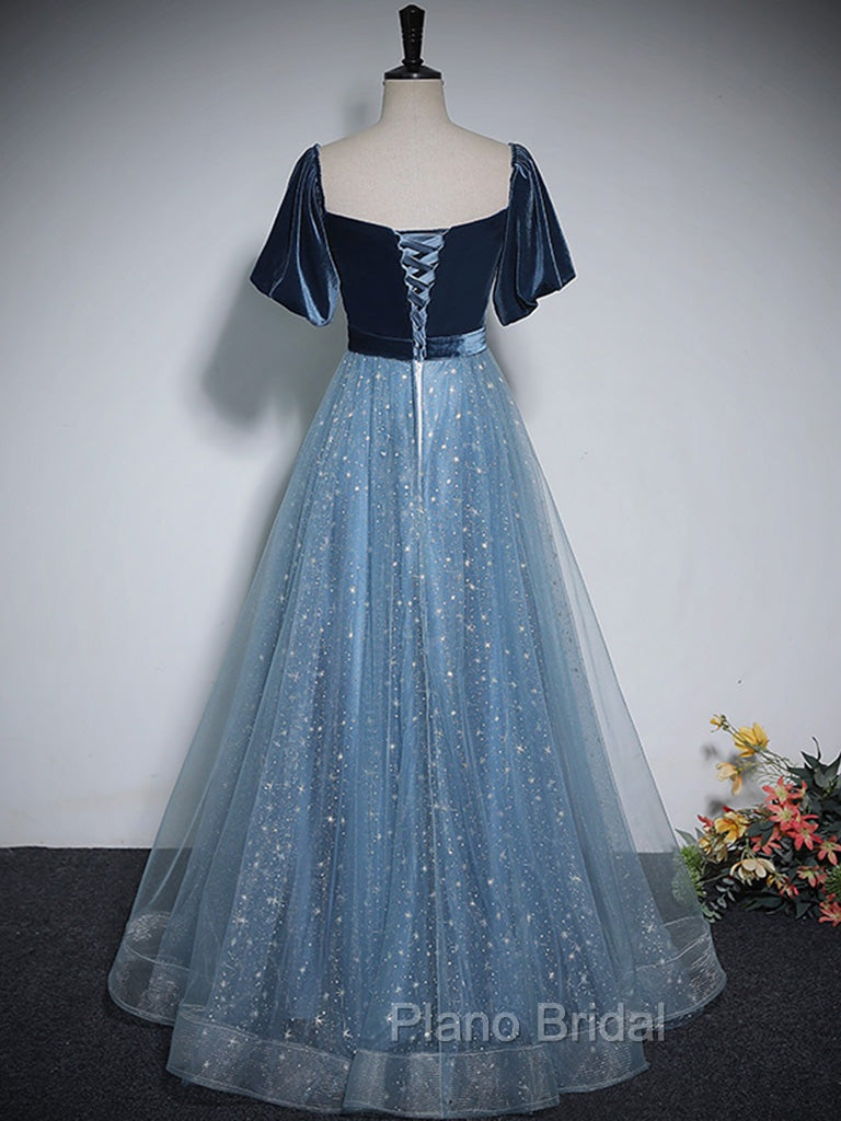 A-Line Tulle Velvet Blue Long Formal Prom Dresses, Blue Tulle Formal Dresses