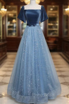 A-Line Tulle Velvet Blue Long Formal Prom Dresses, Blue Tulle Formal Dresses
