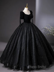 A-Line Tulle Velvet Sequin Black Long Formal Prom Dresses, Black Long Formal Dresses