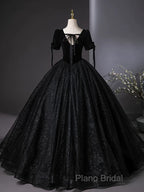 A-Line Tulle Velvet Sequin Black Long Formal Prom Dresses, Black Long Formal Dresses