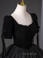 A-Line Tulle Velvet Sequin Black Long Formal Prom Dresses, Black Long Formal Dresses