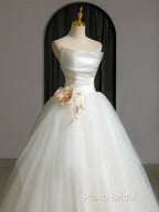 A-Line Tulle White Long Formal Prom Dresses, White Long Formal Dresses