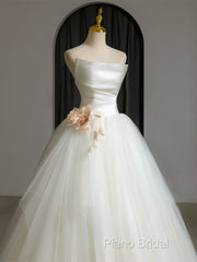 A-Line Tulle White Long Formal Prom Dresses, White Long Formal Dresses