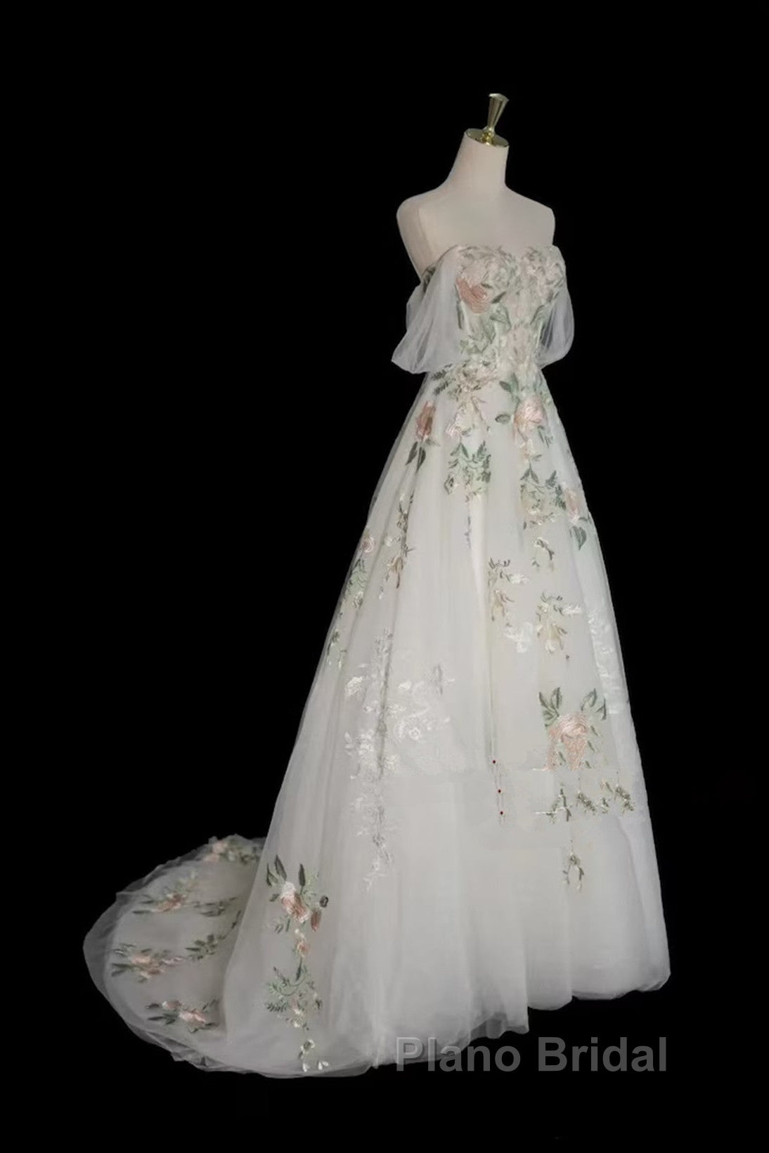 A-Line Tulle With Flower Lace White Wedding Party Dresses, White Tulle Evening Dresses Formal Prom Dresses