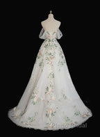 A-Line Tulle With Flower Lace White Wedding Party Dresses, White Tulle Evening Dresses Formal Prom Dresses