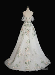 A-Line Tulle With Flower Lace White Wedding Party Dresses, White Tulle Evening Dresses Formal Prom Dresses