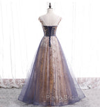 A-line Tulle with Lace Applique Party Dresses, Tulle Long Formal Prom Dresses
