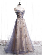 A-line Tulle with Lace Applique Party Dresses Tulle Long Formal Prom Dresses Formal Prom Dresses shops