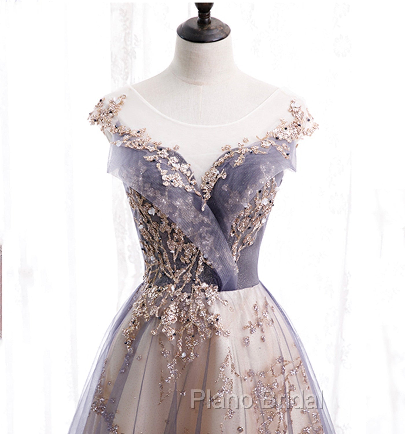 A-line Tulle with Lace Applique Party Dresses Tulle Long Formal Prom Dresses Formal Prom Dresses shops