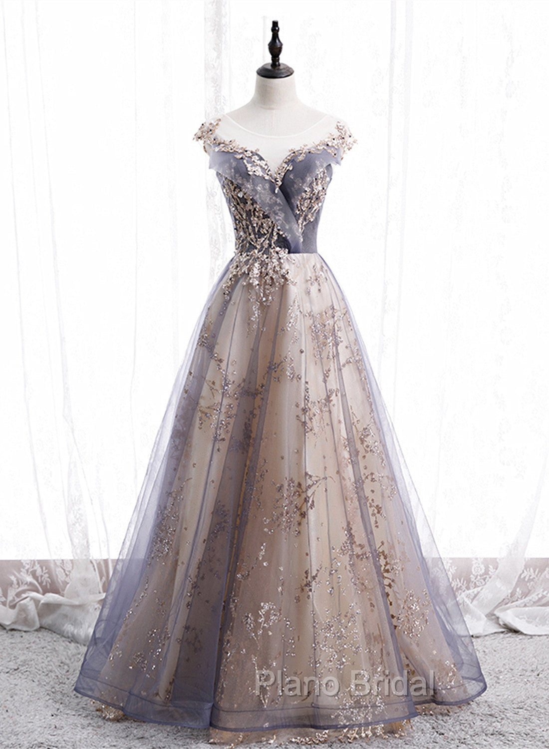 A-line Tulle with Lace Applique Party Dresses, Tulle Long Formal Prom Dresses Main image