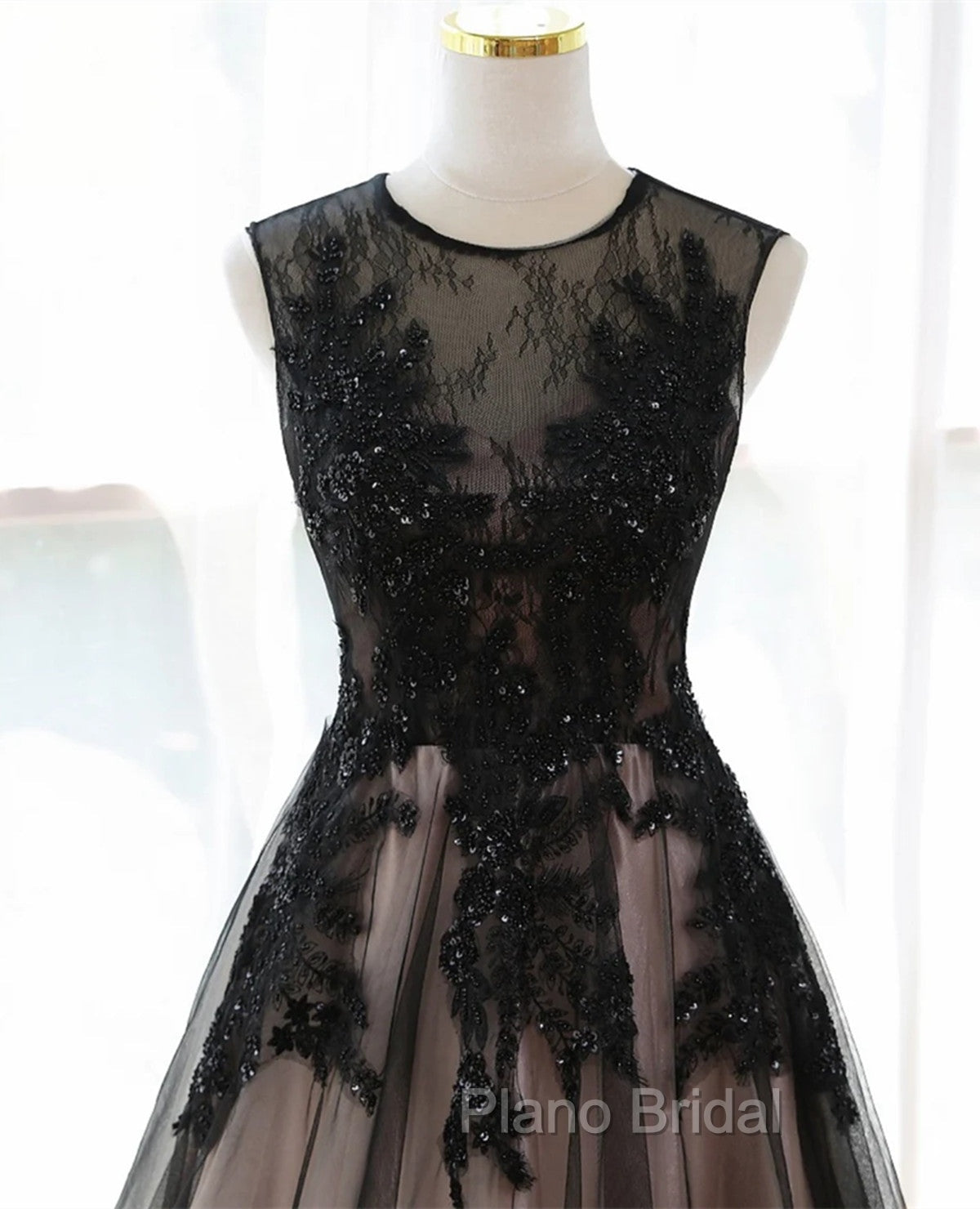 A-line Tulle with Lace Round Neckline Floor Length Party Dresses, Black Formal Prom Dresses