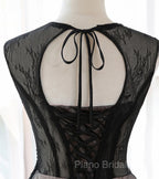 A-line Tulle with Lace Round Neckline Floor Length Party Dresses, Black Formal Prom Dresses