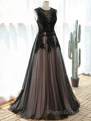 A-Line Tulle With Lace Round Neckline Floor Length Party Dresses Black Formal Prom Dresses Formal Dresses